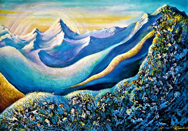 Картина под названием "Morning in the moun…" - Marina Gromova, Подлинное произведение искусства, Акрил