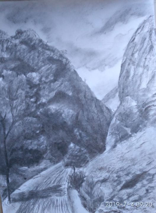 Рисунок под названием "Дорога в горах" - Karina Loza, Подлинное произведение искусства, Графит