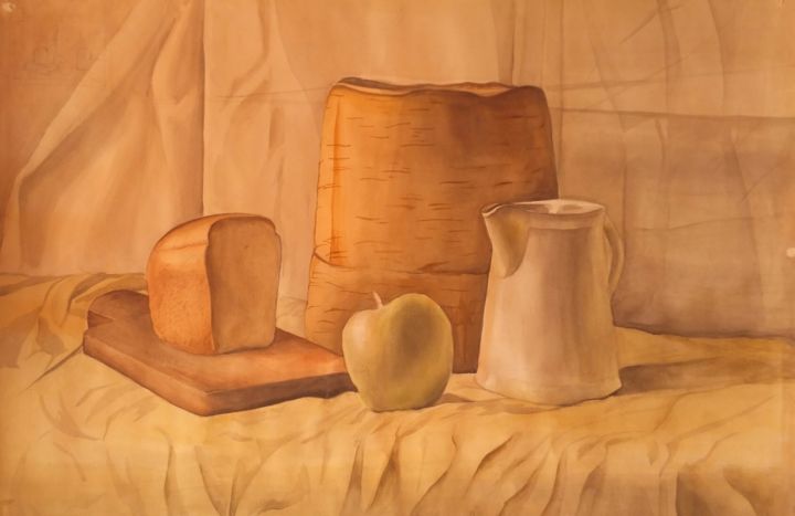 Картина под названием "Натюрморт с хлебом" - Karina Loza, Подлинное произведение искусства, Акварель