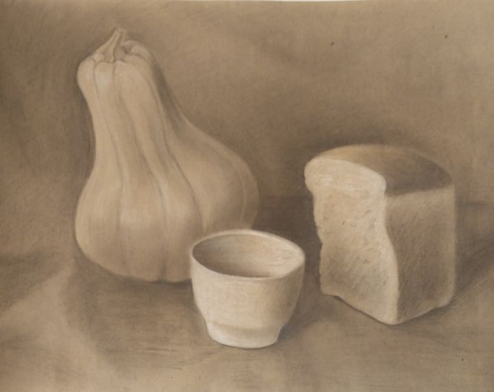 Рисунок под названием "Натюрморт с хлебом…" - Karina Loza, Подлинное произведение искусства, Древесный уголь