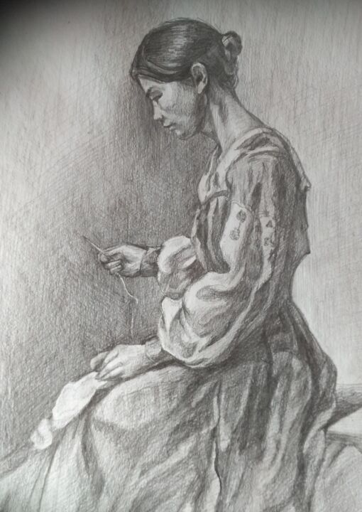 Drawing titled "Швея" by Karina Loza, Original Artwork, Charcoal