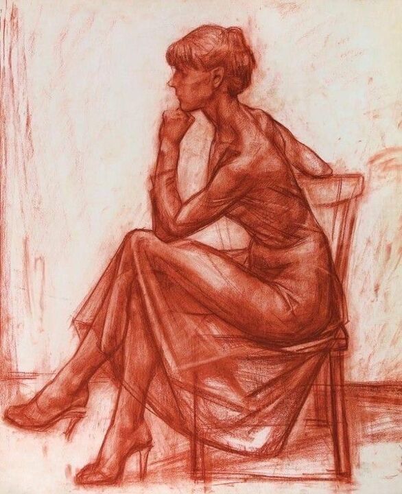 Рисунок под названием "Женщина на стуле" - Karina Loza, Подлинное произведение искусства, Пастель
