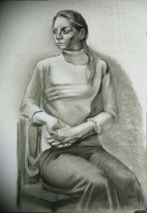 Dessin intitulée "Девушка на стуле" par Karina Loza, Œuvre d'art originale, Pastel
