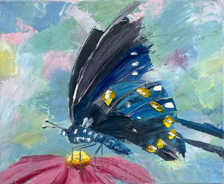 Painting titled "Blue butterfly on a…" by Marina Zhivliuk, Original Artwork, Oil