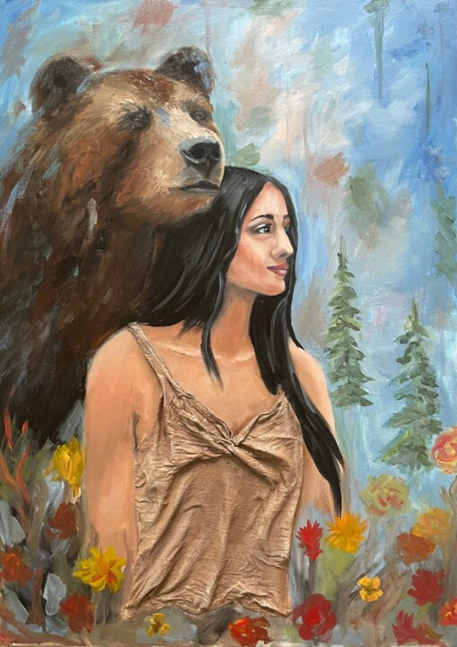 Painting titled "Girl with a keeper…" by Marina Zhivliuk, Original Artwork, Oil