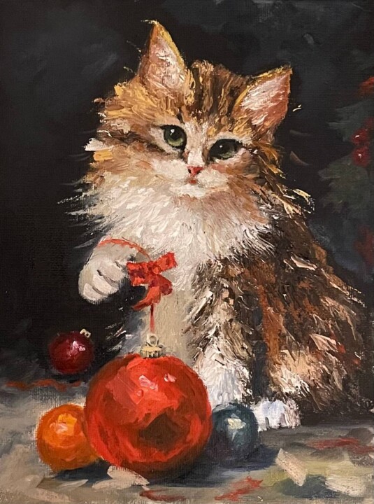 Painting titled "Cat with New Year's…" by Marina Zhivliuk, Original Artwork, Oil