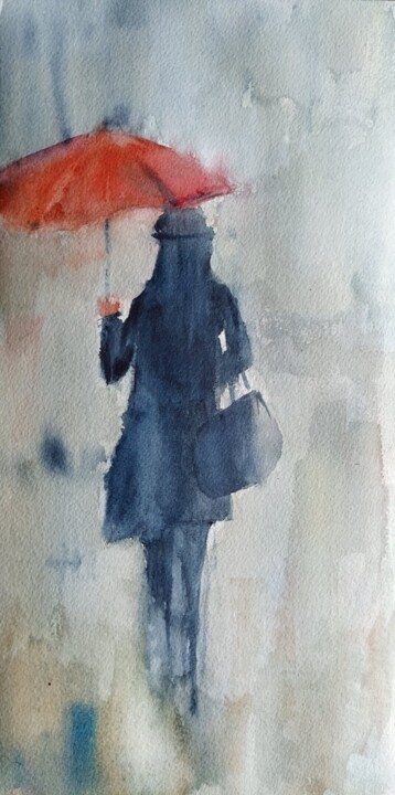 Pintura titulada "parapluie rouge" por Marina Mothes, Obra de arte original, Acuarela