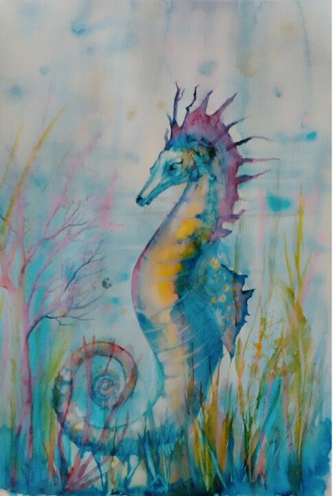 Pintura titulada "hippocampe" por Marina Mothes, Obra de arte original, Acuarela