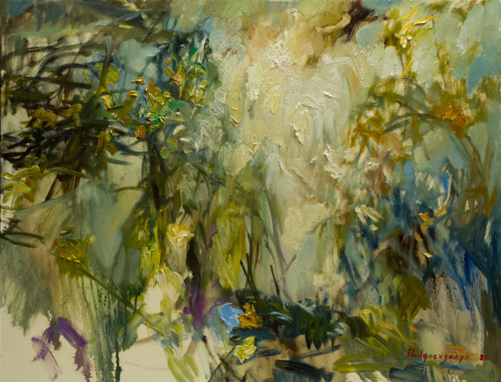 Картина под названием "Лесное озеро #3" - Marina Podgaevskaya, Подлинное произведение искусства, Масло Установлен на Деревян…