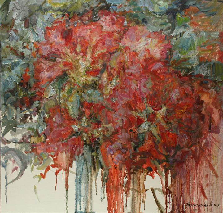 Painting titled "Red flowers" by Marina Podgaevskaya, Original Artwork, Oil Mounted on Wood Stretcher frame