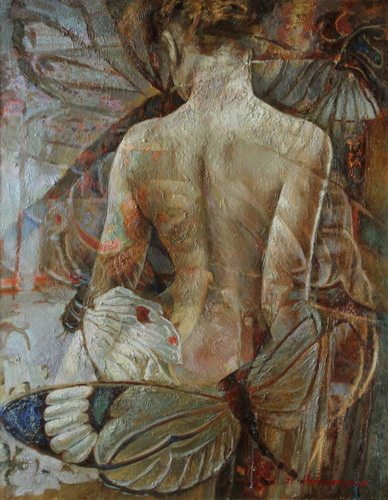 Painting titled "Butterfly # 9" by Marina Podgaevskaya, Original Artwork, Oil Mounted on Wood Stretcher frame