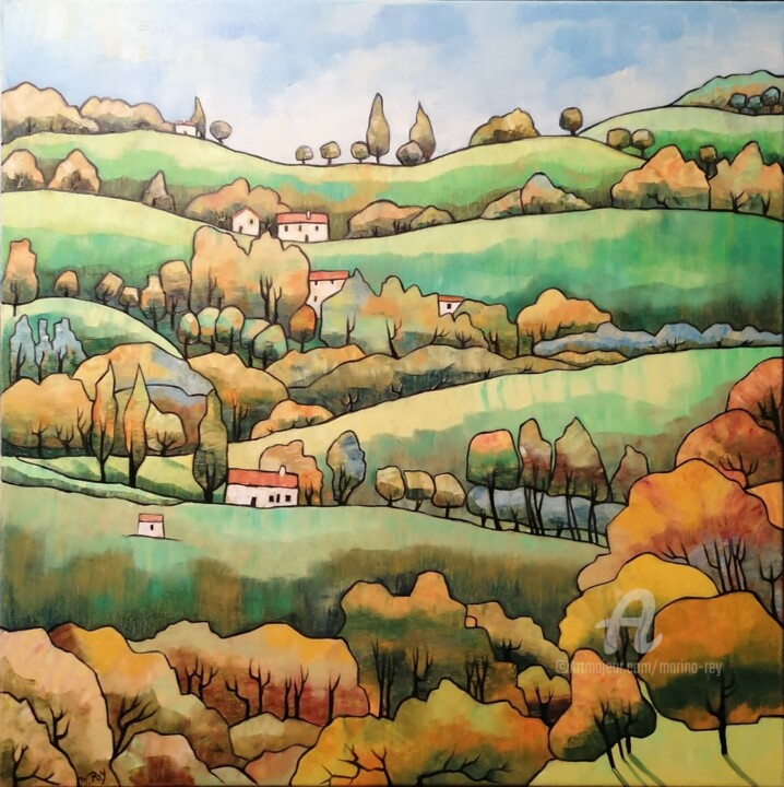 Peinture intitulée "Vallées basques" par Marina Rey, Œuvre d'art originale, Huile