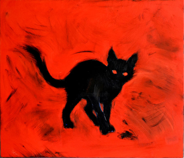 Painting titled "Little Black Demon" by Marina Rusalka, Original Artwork, Oil Mounted on Wood Stretcher frame