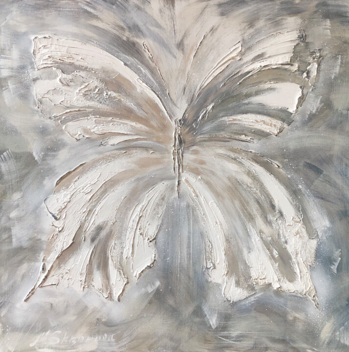 Painting titled "SILVER BUTTERFLY -…" by Marina Skromova, Original Artwork, Oil Mounted on Wood Stretcher frame