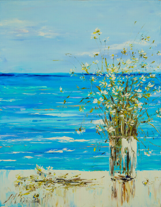 Painting titled "SEA VIEW - A beauti…" by Marina Skromova, Original Artwork, Oil Mounted on Wood Panel