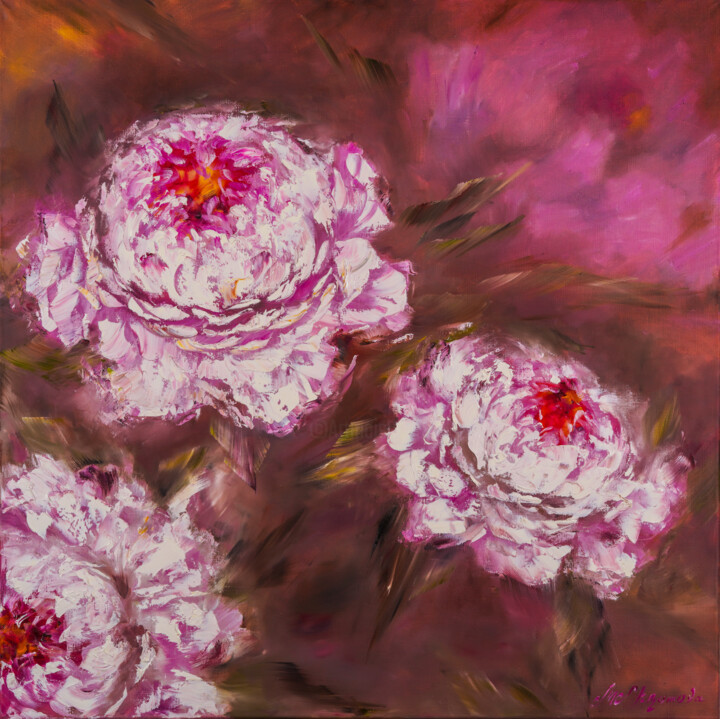 Peinture intitulée "PINK PEONY BUDS - A…" par Marina Skromova, Œuvre d'art originale, Huile Monté sur Panneau de bois