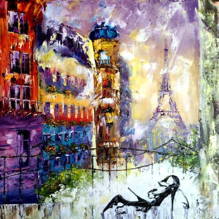 Painting titled "EVENING IN PARIS -…" by Marina Skromova, Original Artwork, Oil Mounted on Wood Panel