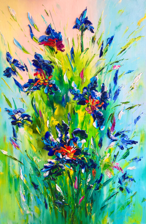 "BLUE SALUTE - Irise…" başlıklı Tablo Marina Skromova tarafından, Orijinal sanat, Petrol Ahşap panel üzerine monte edilmiş