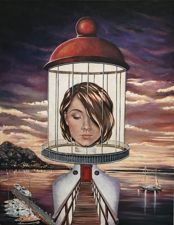 Painting titled "lighthouse" by Marina Ternavskaya, Original Artwork, Acrylic Mounted on Wood Stretcher frame