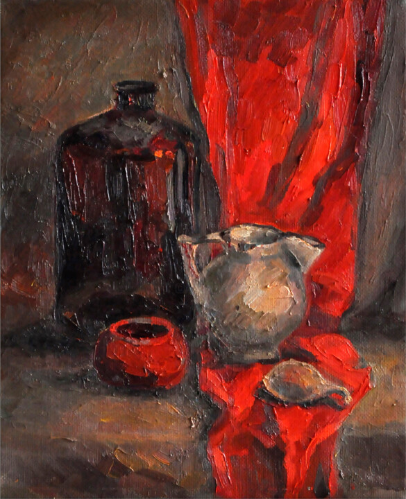 Peinture intitulée "STILL LIFE WITH RED" par Marina Zubkova, Œuvre d'art originale, Huile