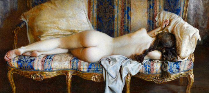 Painting titled "A reclining nude" by Marina, Original Artwork, Oil