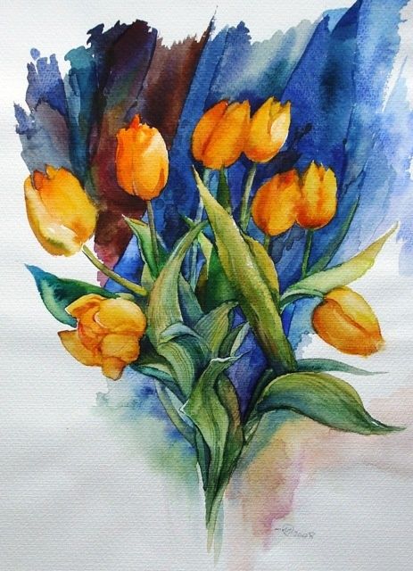 Peinture intitulée "Tulpen in Gelb" par Marina Dvorkina, Œuvre d'art originale