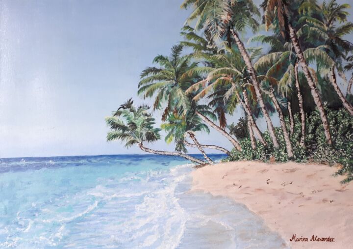 Peinture intitulée "Dream Palm Beach" par Marina Alexander, Œuvre d'art originale, Huile