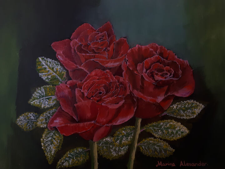 Painting titled "Three Red Roses" by Marina Alexander, Original Artwork, Oil