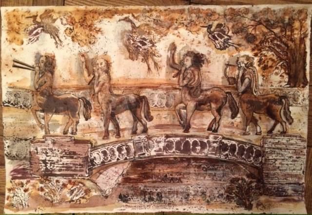 Disegno intitolato "Centaurs crossing t…" da Marina Kalinovsky, Opera d'arte originale, Inchiostro
