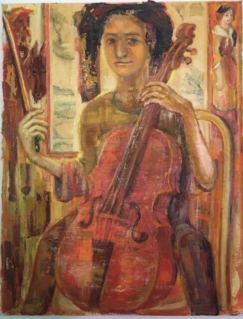 Painting titled "Boy with cello" by Marina Kalinovsky, Original Artwork, Oil