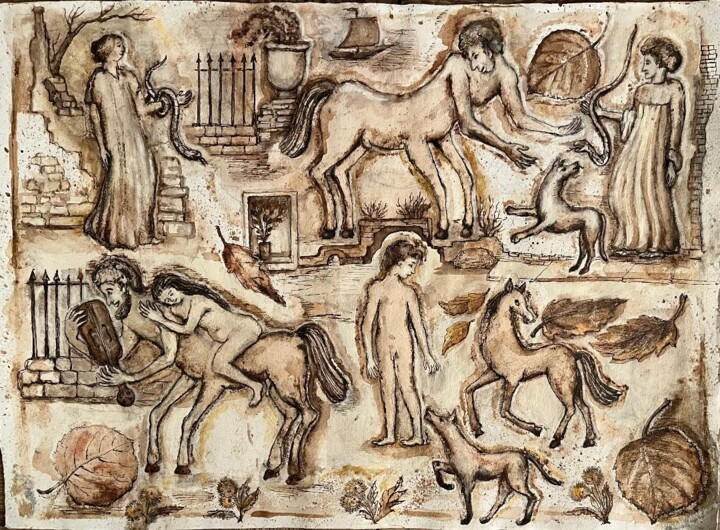 Disegno intitolato "Centaurs in Fall" da Marina Kalinovsky, Opera d'arte originale, Inchiostro