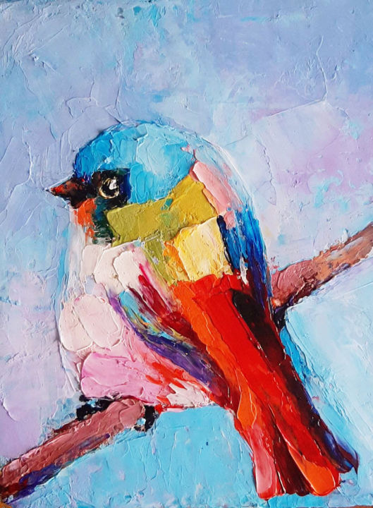 Painting titled "Bird" by Marina Khnusiani, Original Artwork, Oil Mounted on Wood Stretcher frame