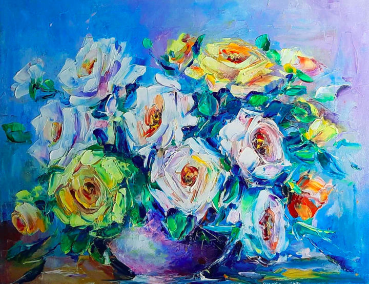 Painting titled "Roses" by Marina Khnusiani, Original Artwork, Oil Mounted on Wood Stretcher frame
