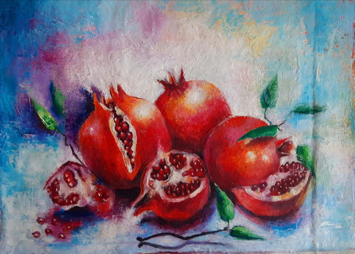 Painting titled "Pomegranate" by Marina Khnusiani, Original Artwork, Oil Mounted on Wood Stretcher frame