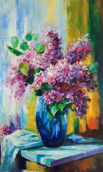 Картина под названием "Lilacs" - Marina Khnusiani, Подлинное произведение искусства, Масло Установлен на Подрамник