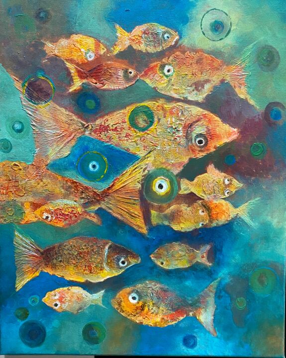 Peinture intitulée "Des poissons  d’or" par Marine Avakian, Œuvre d'art originale, Acrylique