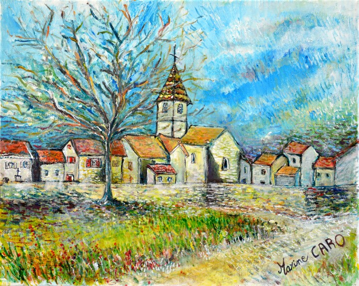 Painting titled "L'église de Champig…" by Marine Caro, Original Artwork