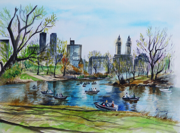 Schilderij getiteld "Central Park, New Y…" door Marine Sansas, Origineel Kunstwerk, Aquarel