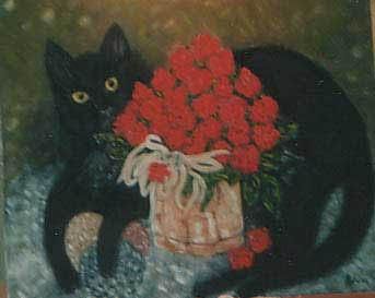 Peinture intitulée "Le chat au bouquet" par Marine, Œuvre d'art originale