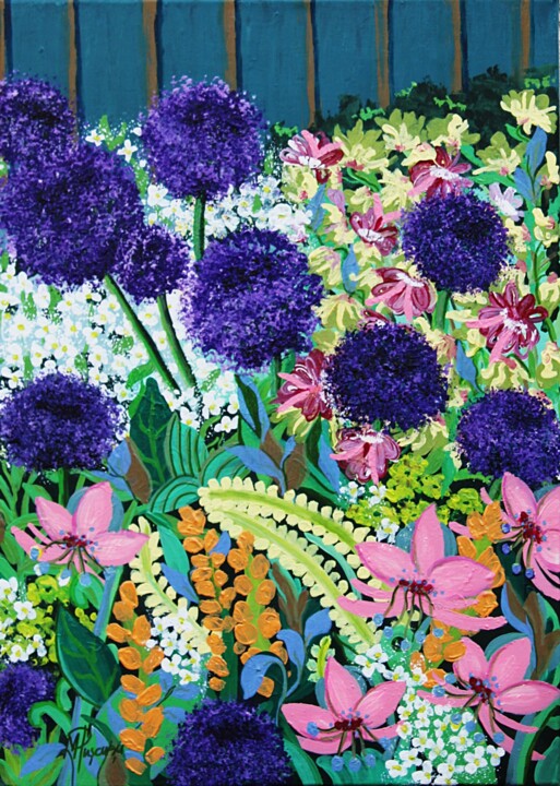 Peinture intitulée "GARDEN WITH ALLIUM" par Marinela Puscasu, Œuvre d'art originale, Acrylique