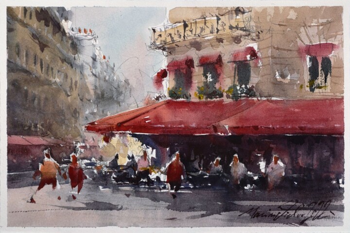 Painting titled "Parisian cafe, wate…" by Victor Marin, Original Artwork, Watercolor