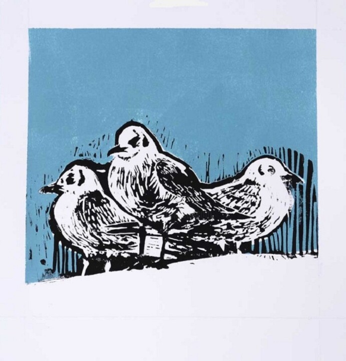 Printmaking titled "Seagulls, linocut p…" by Victor Marin, Original Artwork, Linocuts