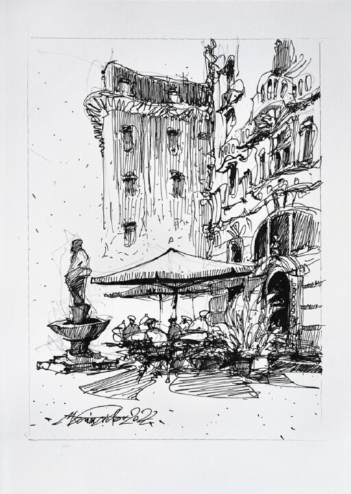 Rysunek zatytułowany „Vienna, ink drawing…” autorstwa Victor Marin, Oryginalna praca, Atrament Zamontowany na Karton