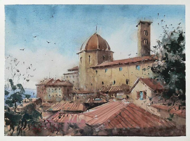 Painting titled "Volterra, Tuscany,…" by Victor Marin, Original Artwork, Watercolor