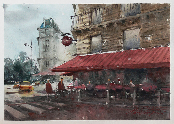 Painting titled "Street corner cafe…" by Victor Marin, Original Artwork, Watercolor