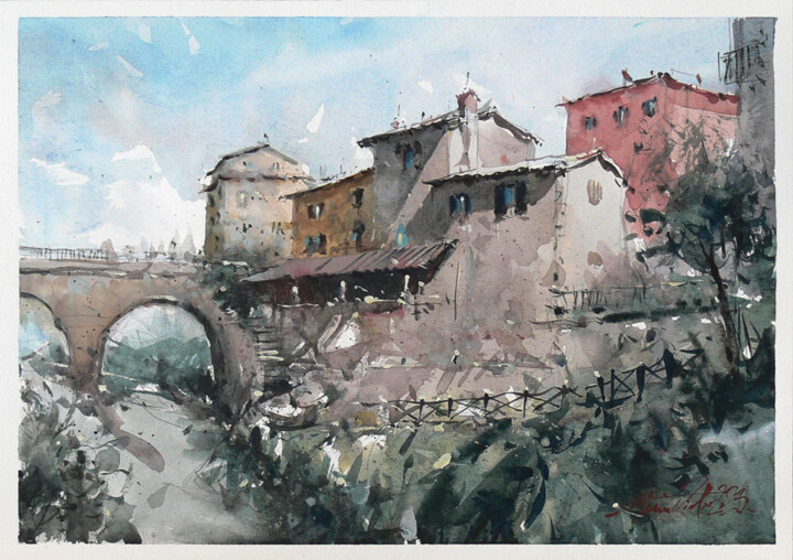 Painting titled "Pittoresque tuscan…" by Victor Marin, Original Artwork, Watercolor