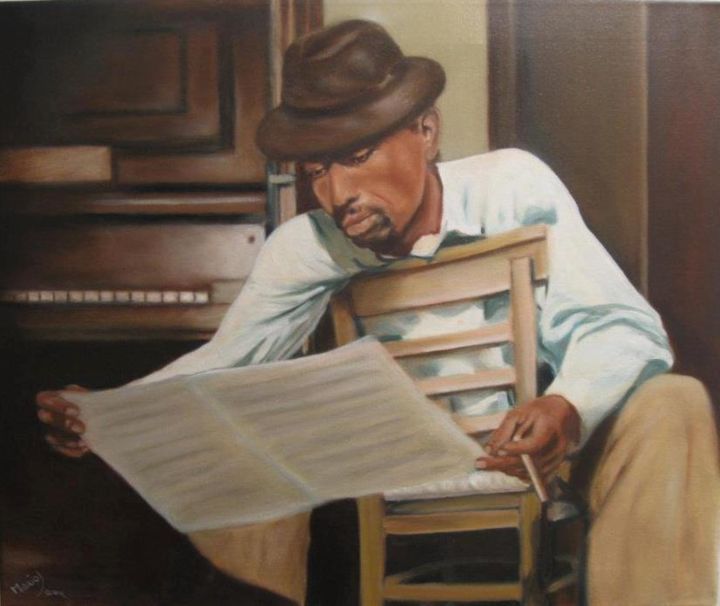 Painting titled "Reading Blues" by Mario, Original Artwork