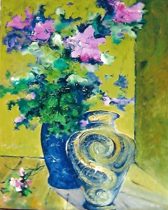 Pintura intitulada "1-fiori-rosa-e-vaso-" por Mario Fanconi, Obras de arte originais, Óleo