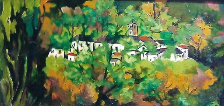 Pittura intitolato "Villaggio di Giumag…" da Mario Fanconi, Opera d'arte originale, Olio