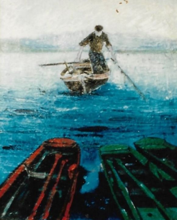Pittura intitolato "Pescatore" da Mario Fanconi, Opera d'arte originale, Olio